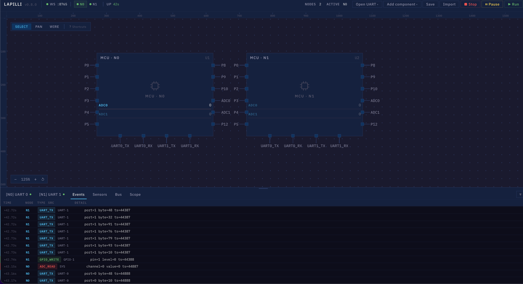 Dashboard — two nodes communicating over the simulation bus